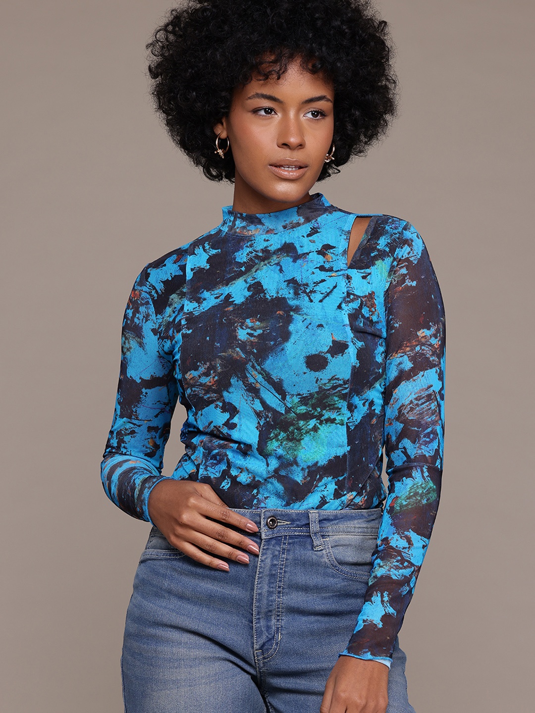 

The Roadster Lifestyle Co. Long Sleeves Abstract Printed Top, Blue