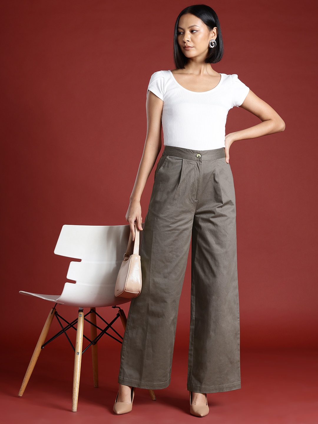 

All About You Formals Women Flared High-Rise Pleated Formal Trousers, Taupe