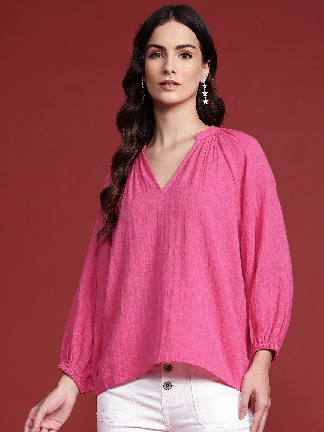 

all about you Mandarin Collar Puff Sleeve Top, Pink