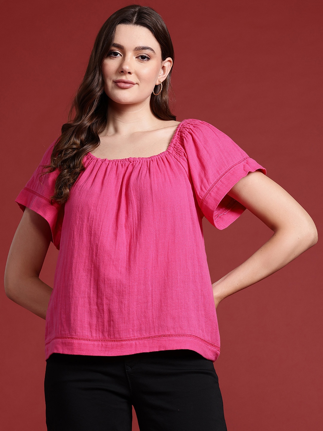 

all about you Extended Sleeves Smocked Cotton Top, Pink