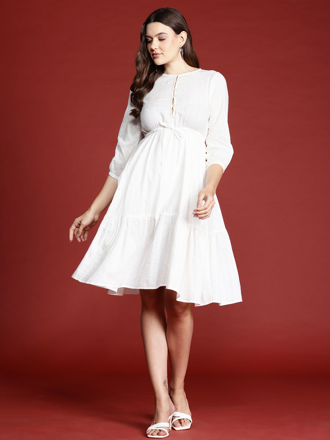 

all about you Pure Cotton Cinched Waist A-Line Dress, Off white