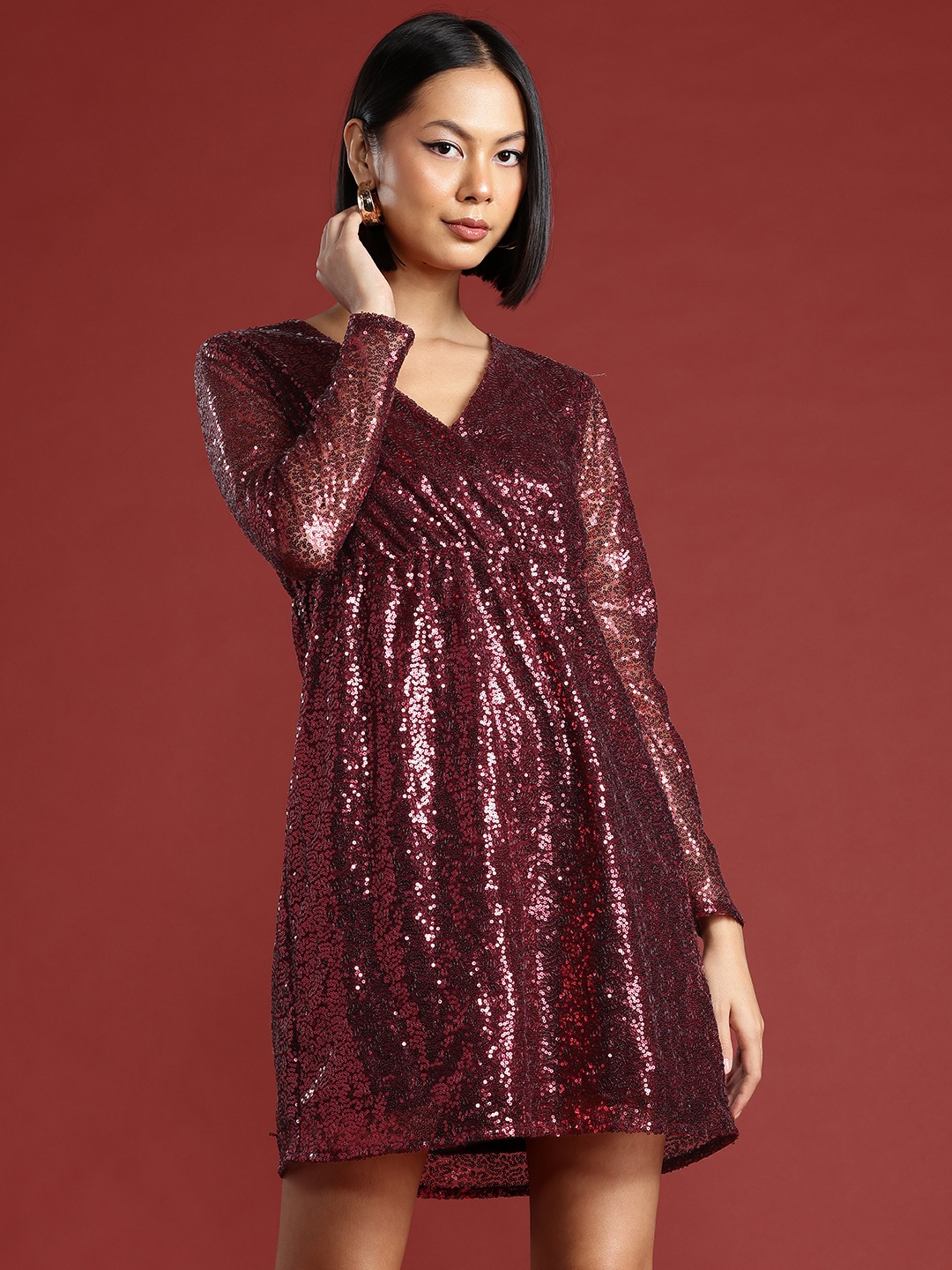 

all about you Sequin Embellished Wrap Style Empire Dress, Maroon