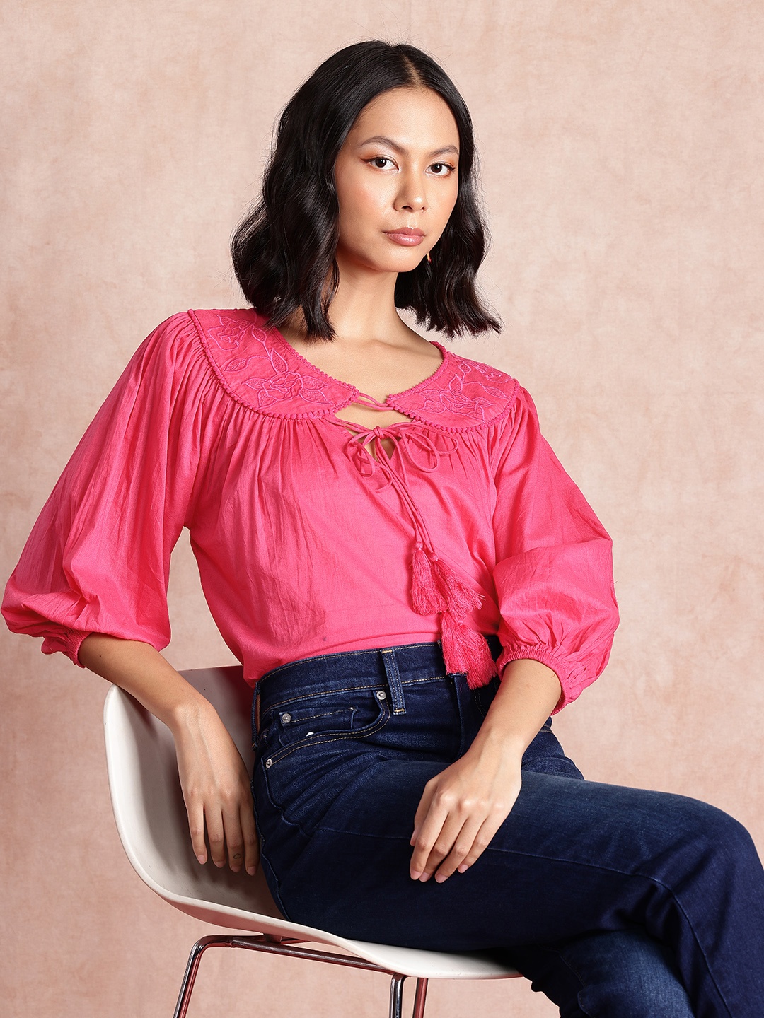 

Routes by All About You Embroidered Puff Sleeve Cotton Top, Fuchsia