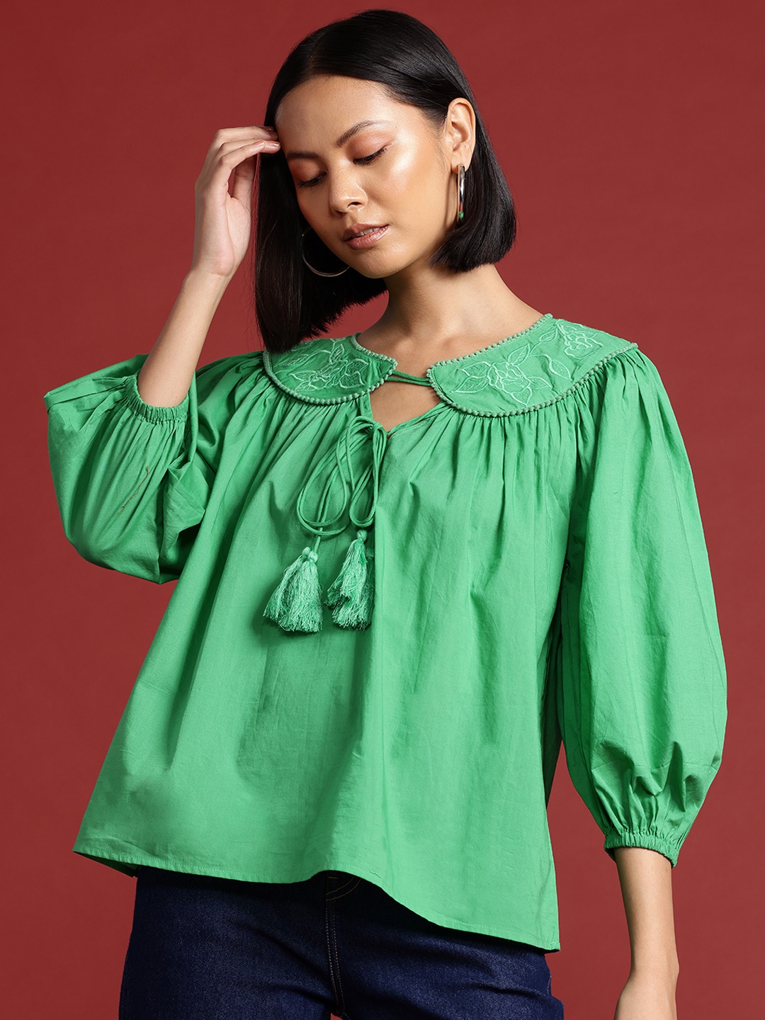 

Routes by All About You Peter Pan Collar Embroidered Cotton Top, Green