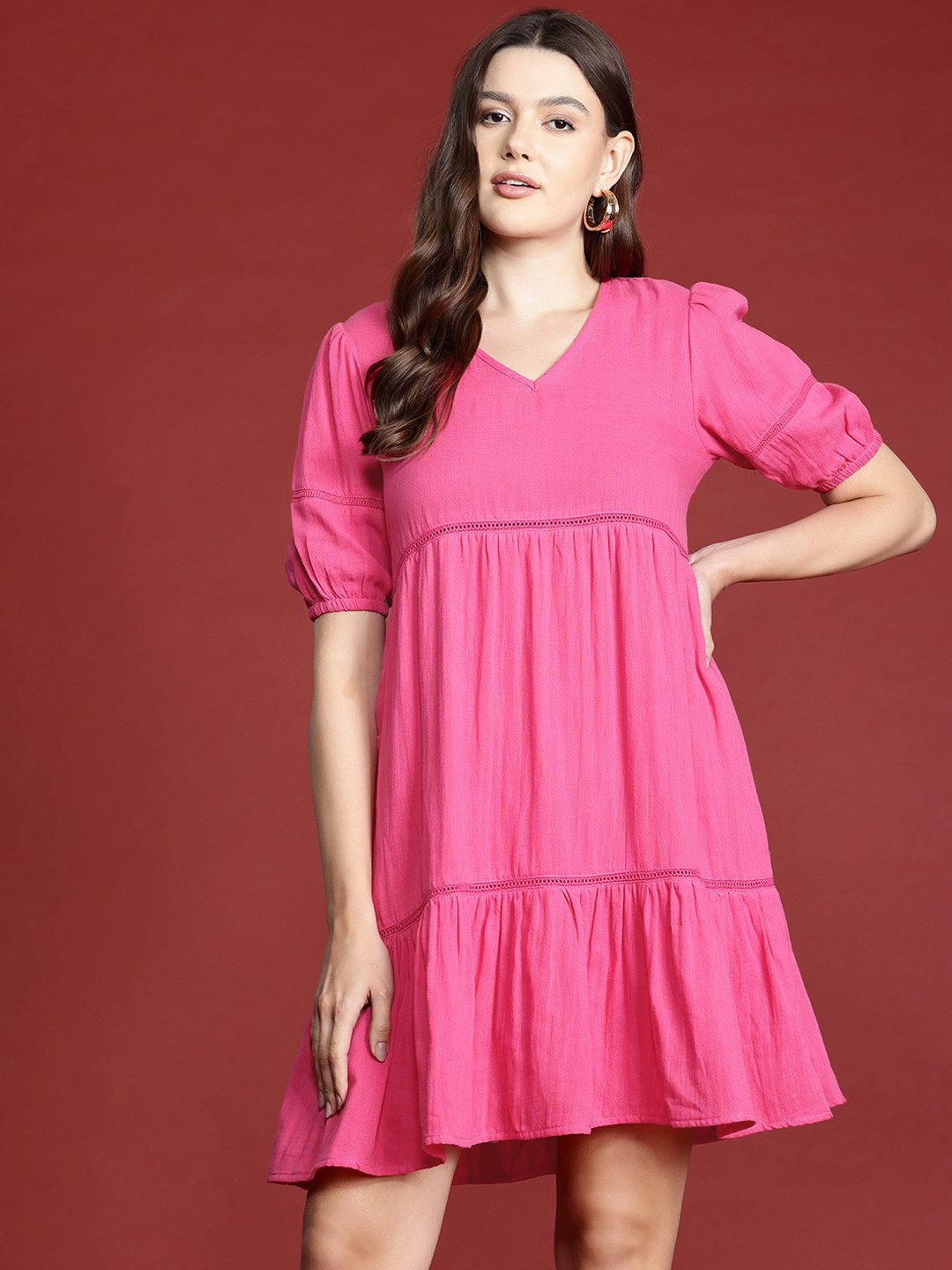 

all about you Puff Sleeve Pure Cotton A-Line Dress, Coral