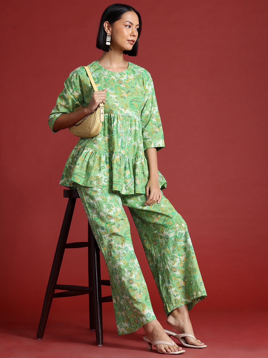 

all about you Pure Cotton Printed Tiered Top With Trousers Co-Ord Set, Green