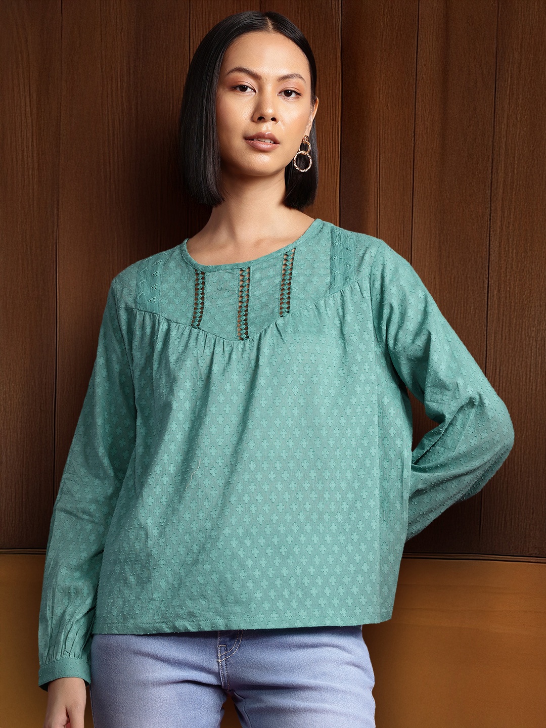 

all about you Dobby Cotton Top, Green