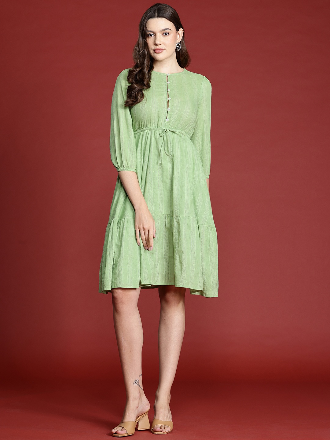 

all about you Pure Cotton Schiffli A-Line Dress, Green