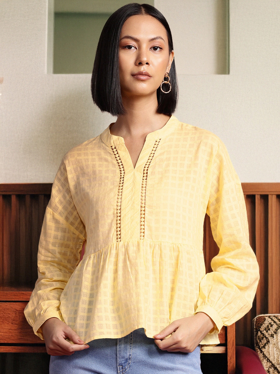 

all about you Mandarin Collar Cotton Top, Yellow