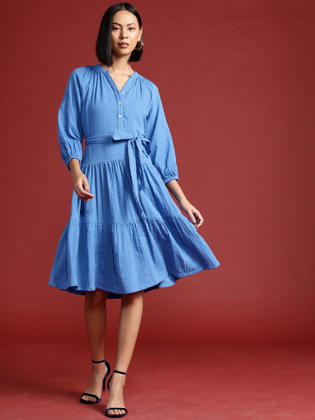 

All About You Formals Pure Cotton Tiered A-Line Dress with Belt, Blue