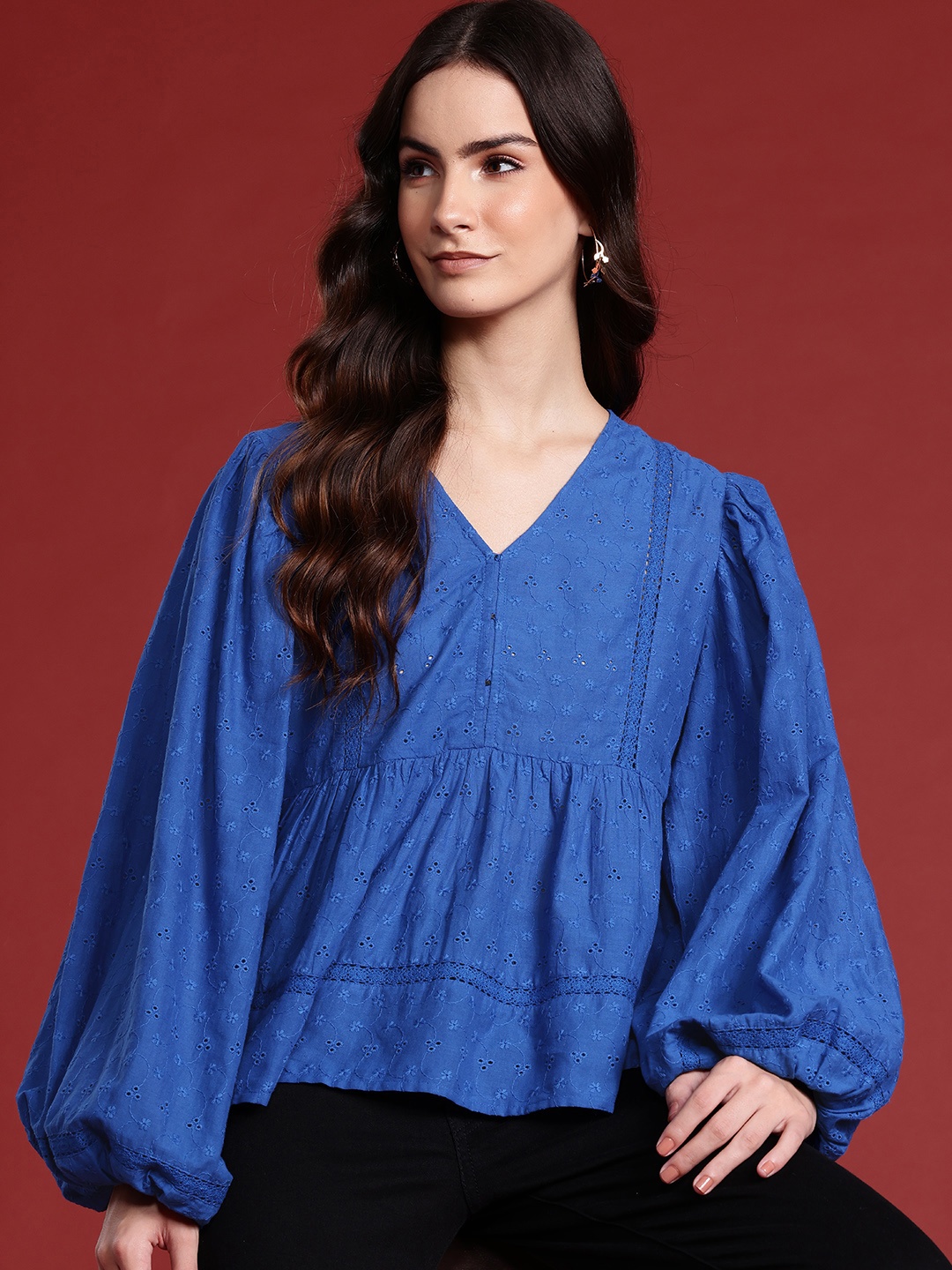 

all about you Schiffli Embroidered Cotton Top, Blue