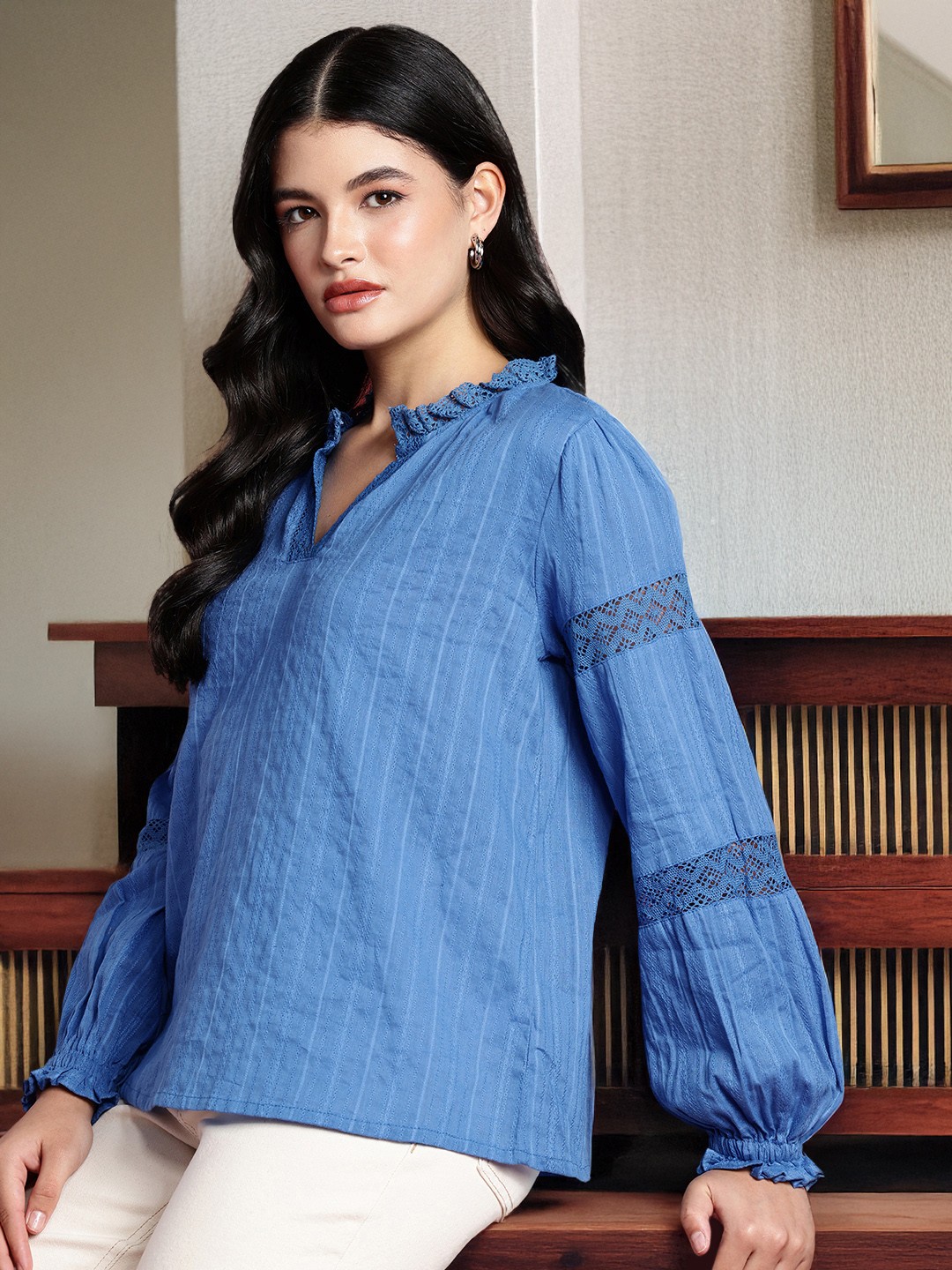 

all about you Puff Sleeve Pure Cotton Regular Top, Blue