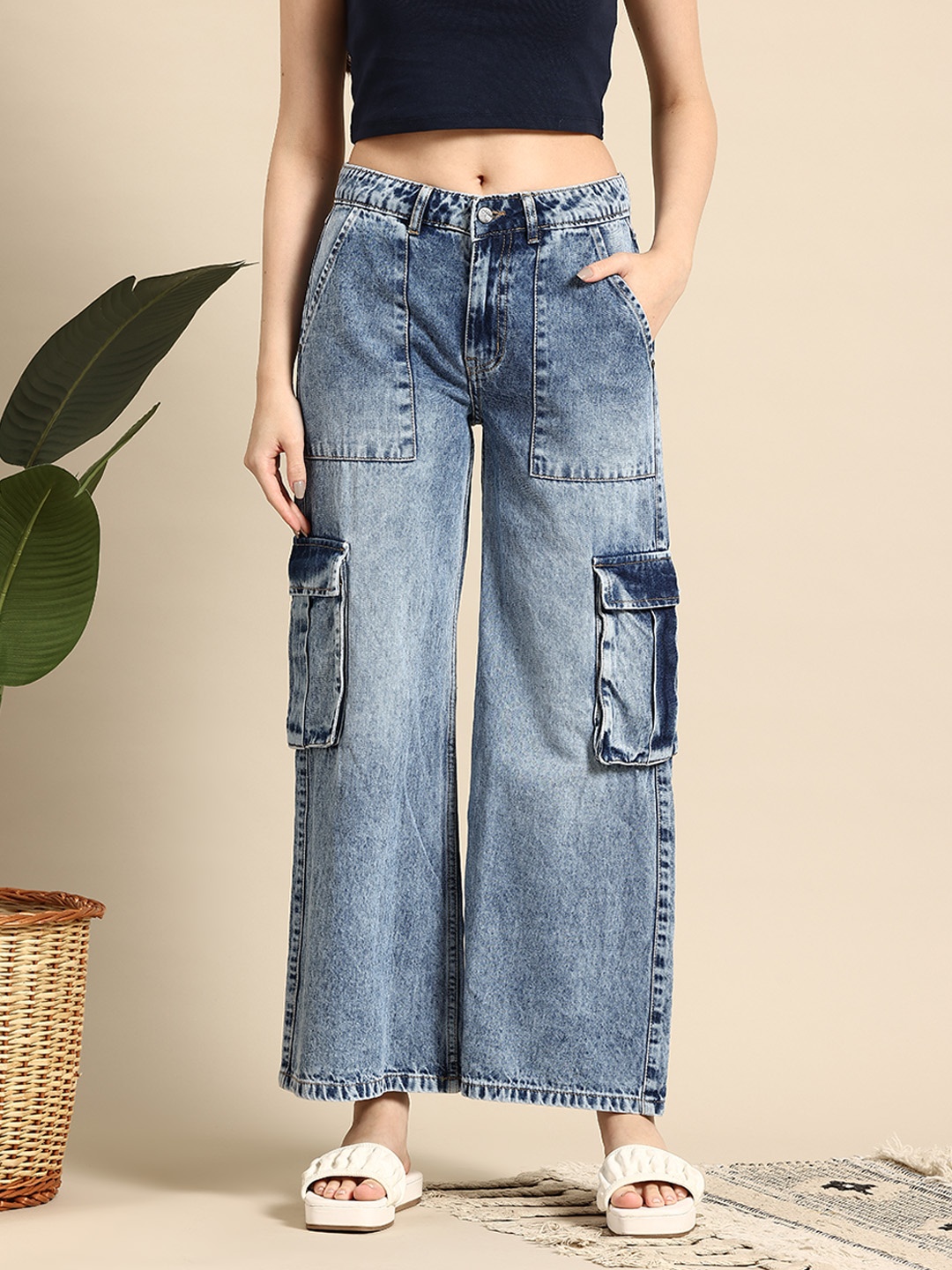 

Mast & Harbour Women Wide Leg Heavy Fade Non-Stretchable Pure Cotton Jeans, Blue