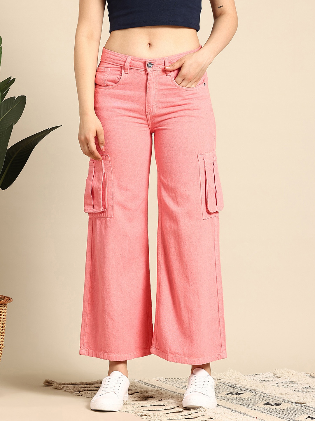 

Mast & Harbour Women Pure Cotton High-Rise Cargo Style Wide Leg Jeans, Pink