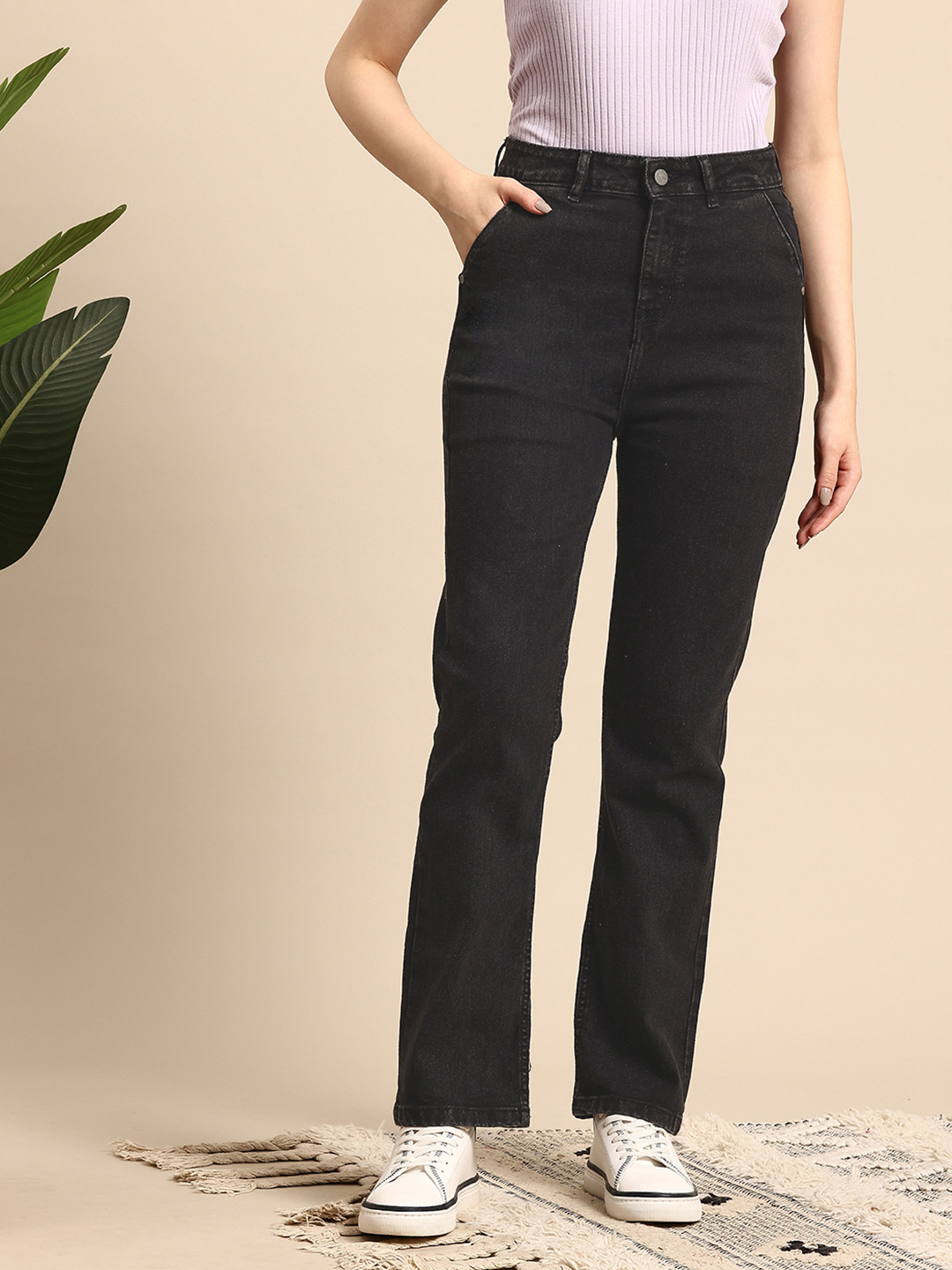 

Mast & Harbour Women Stretchable Straight Fit Jeans, Black