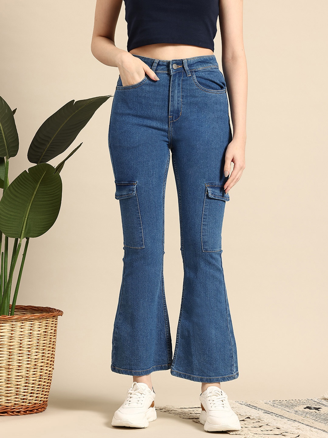 

Mast & Harbour Women Cargo Style Flared Stretchable Jeans, Blue