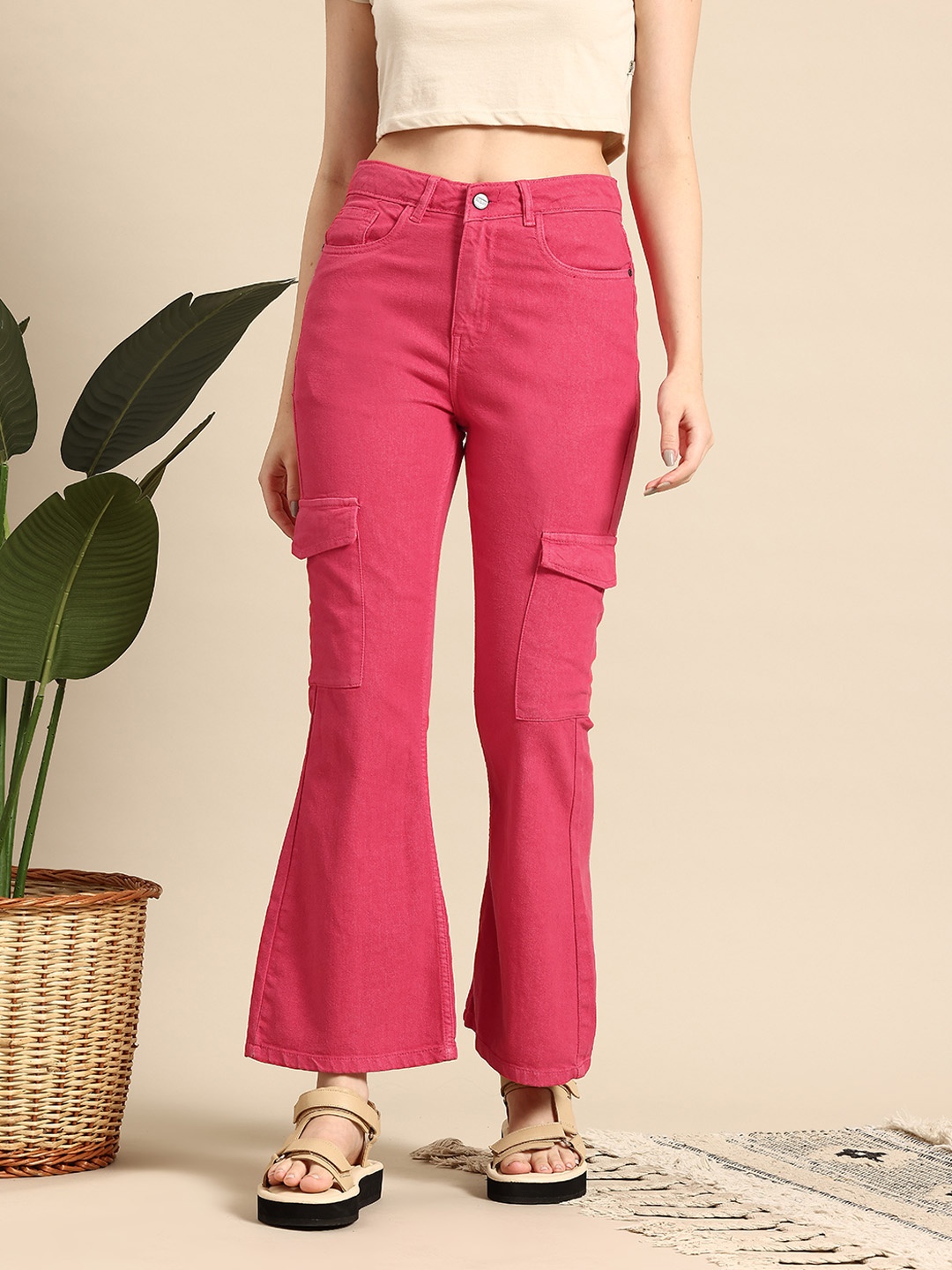 

Mast & Harbour Women Cargo Style Flared Stretchable Jeans, Coral