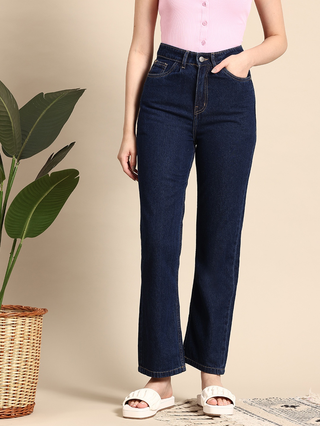 

Mast & Harbour Women High-Rise Stretchable Straight Fit Jeans, Navy blue