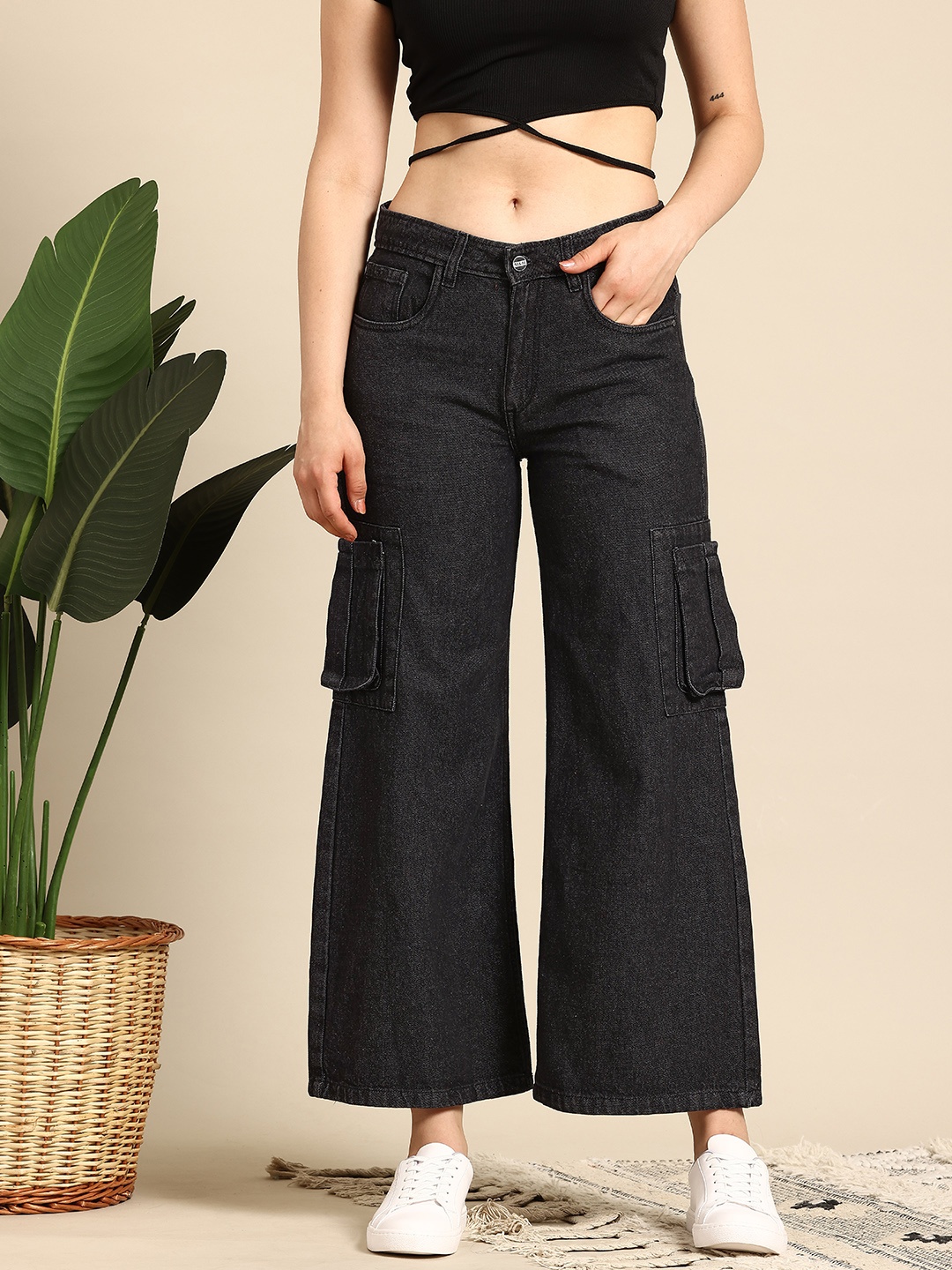 

Mast & Harbour Women Pure Cotton High-Rise Cargo Style Wide Leg Jeans, Black