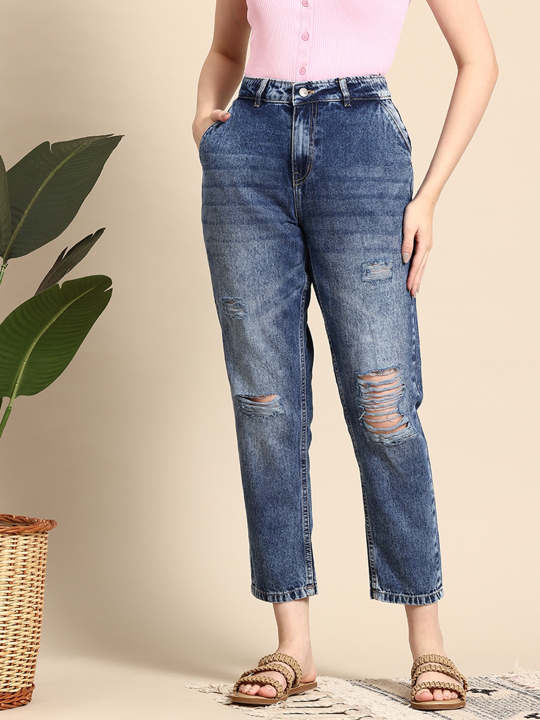 

Mast & Harbour Women High-Rise Distressed Stretchable Boyfriend Jeans, Blue