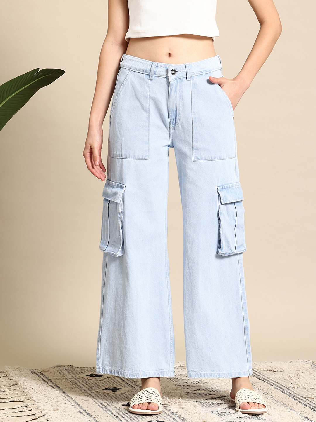 

Mast & Harbour Women Wide Leg Cotton Jeans, Blue
