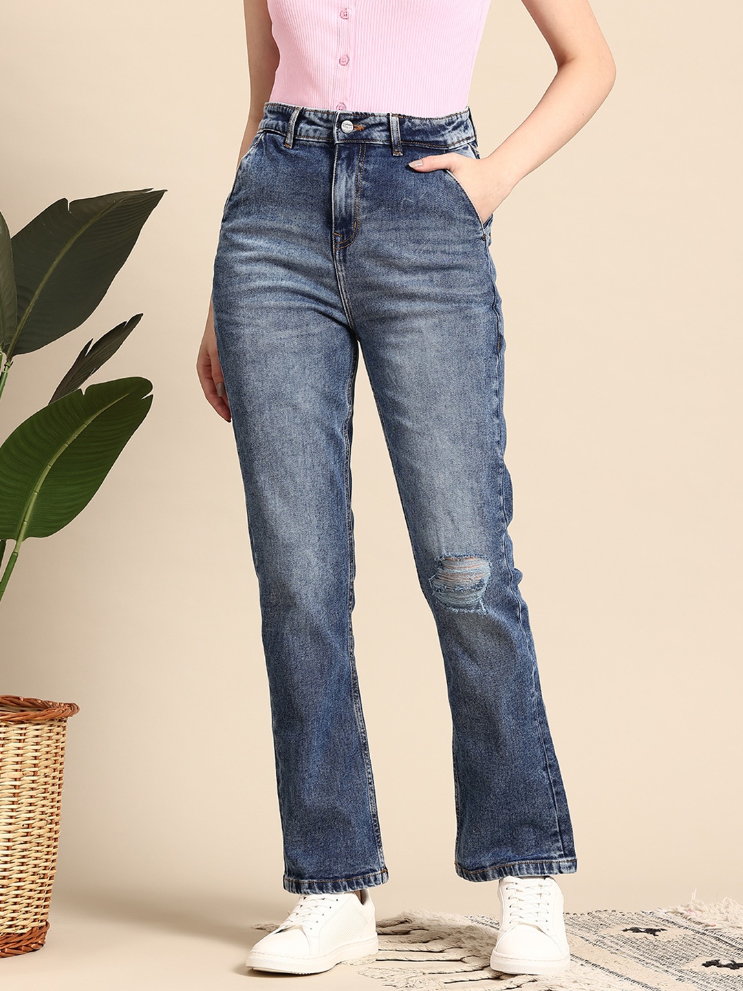 

Mast & Harbour Women High-Rise Stretchable Straight Fit Jeans, Blue