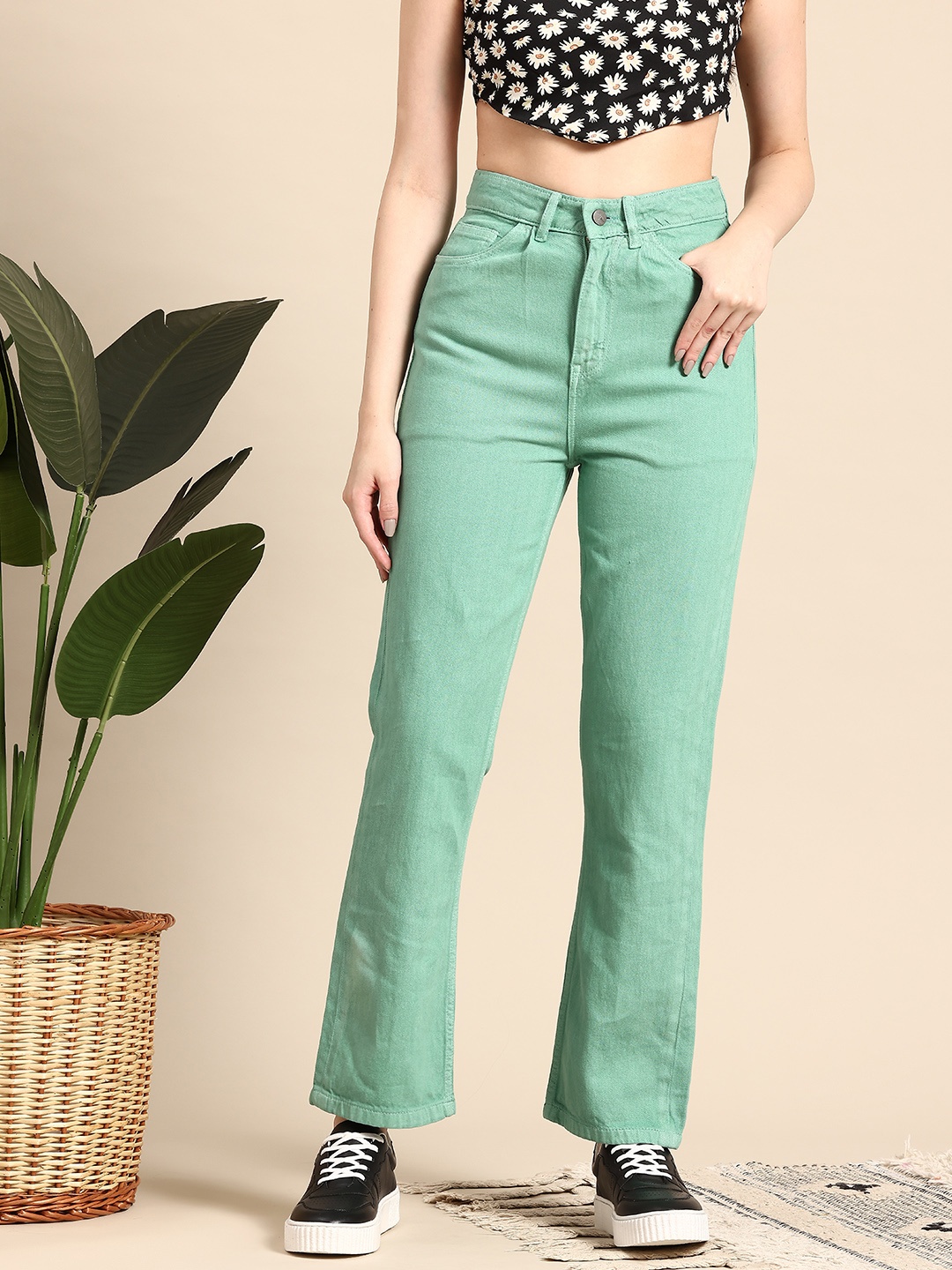 

Mast & Harbour Women High-Rise Stretchable Straight Fit Jeans, Green