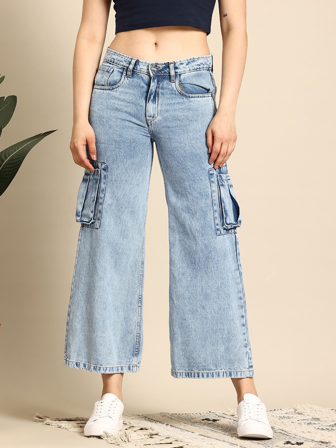 

Mast & Harbour Women Pure Cotton High-Rise Cargo Style Wide Leg Jeans, Blue