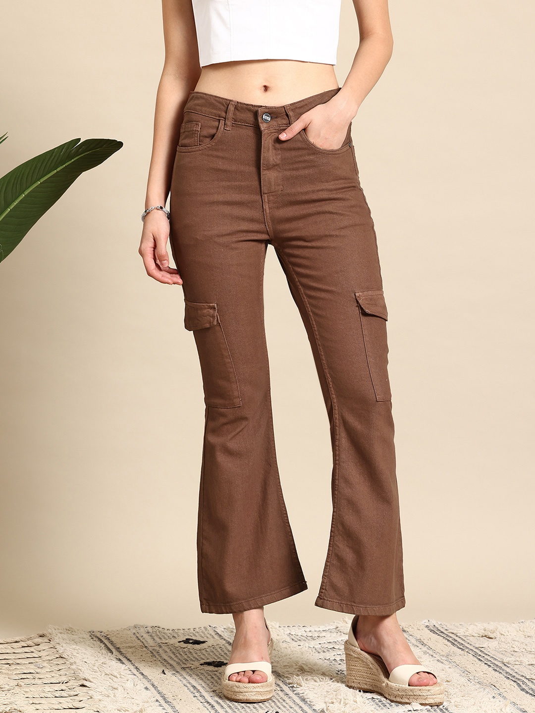 

Mast & Harbour Women High-Rise Flared Fit Jeans, Brown