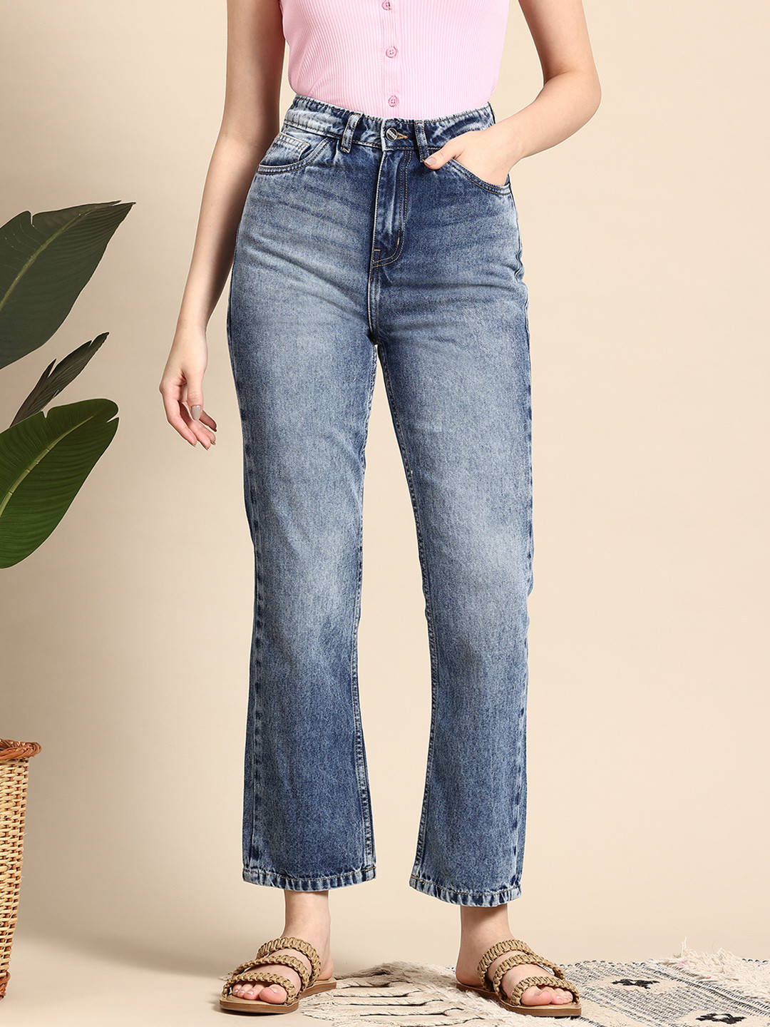 

Mast & Harbour Women High-Rise Stretchable Straight Fit Jeans, Blue