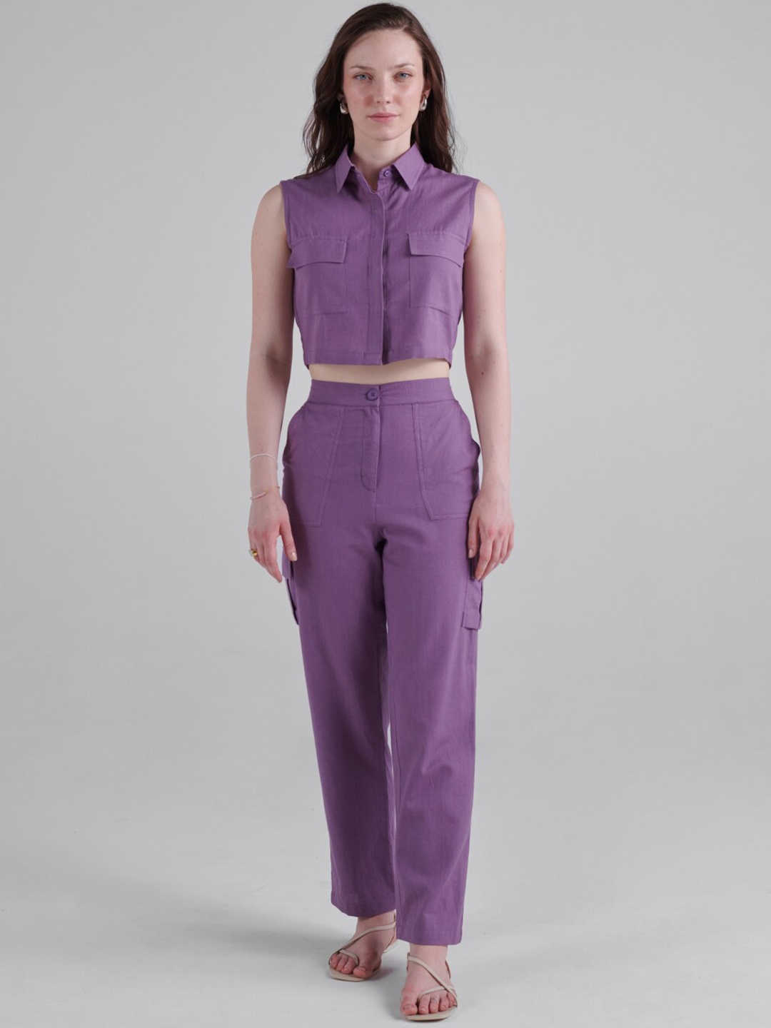 

Midsummer Shirt Collar Crop Top With Trouser Co-Ords Set, Purple