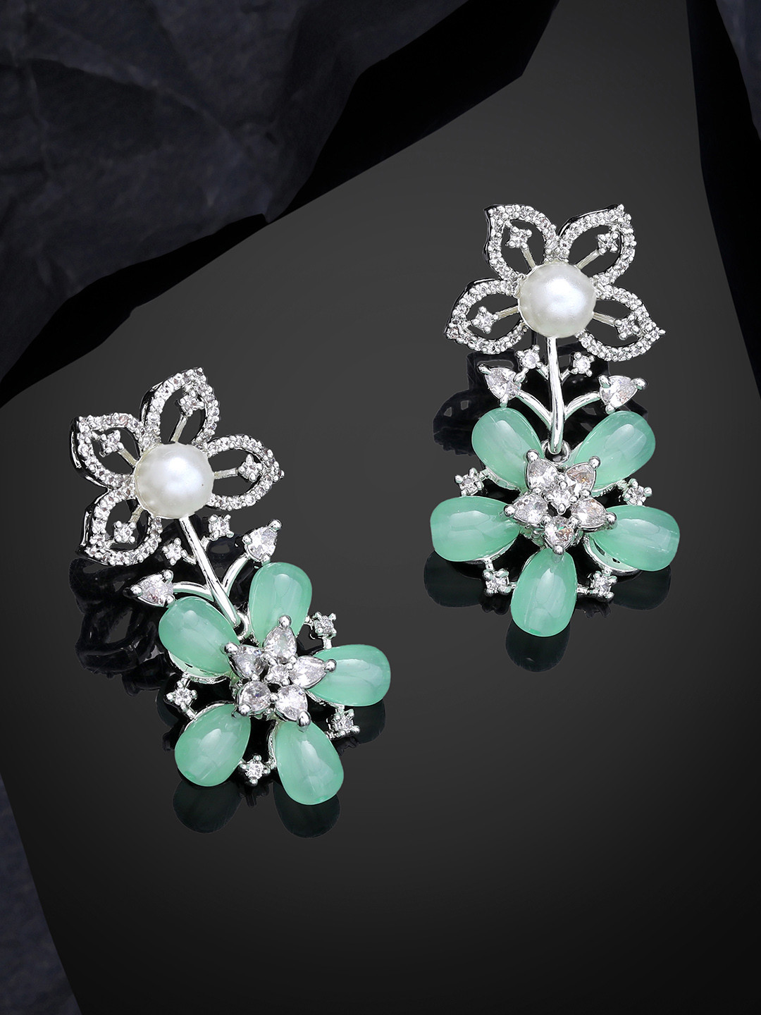 

Estele Rhodium-Plated CZ-Studded Floral Drop Earrings, Sea green