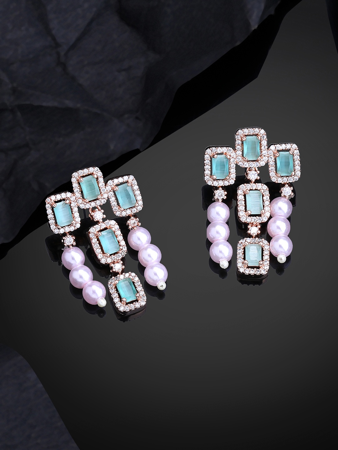 

Estele Rose Gold-Plated CZ-Studded Square Drop Earrings, Sea green