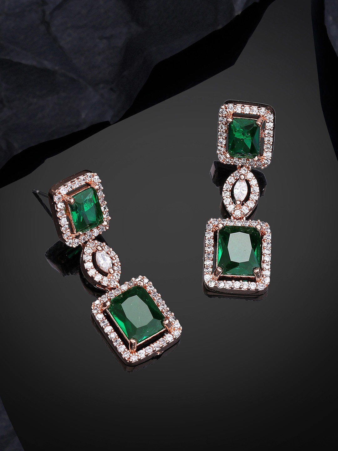 

Estele Rose Gold-Plated CZ-Studded Geometric Drop Earrings, Green