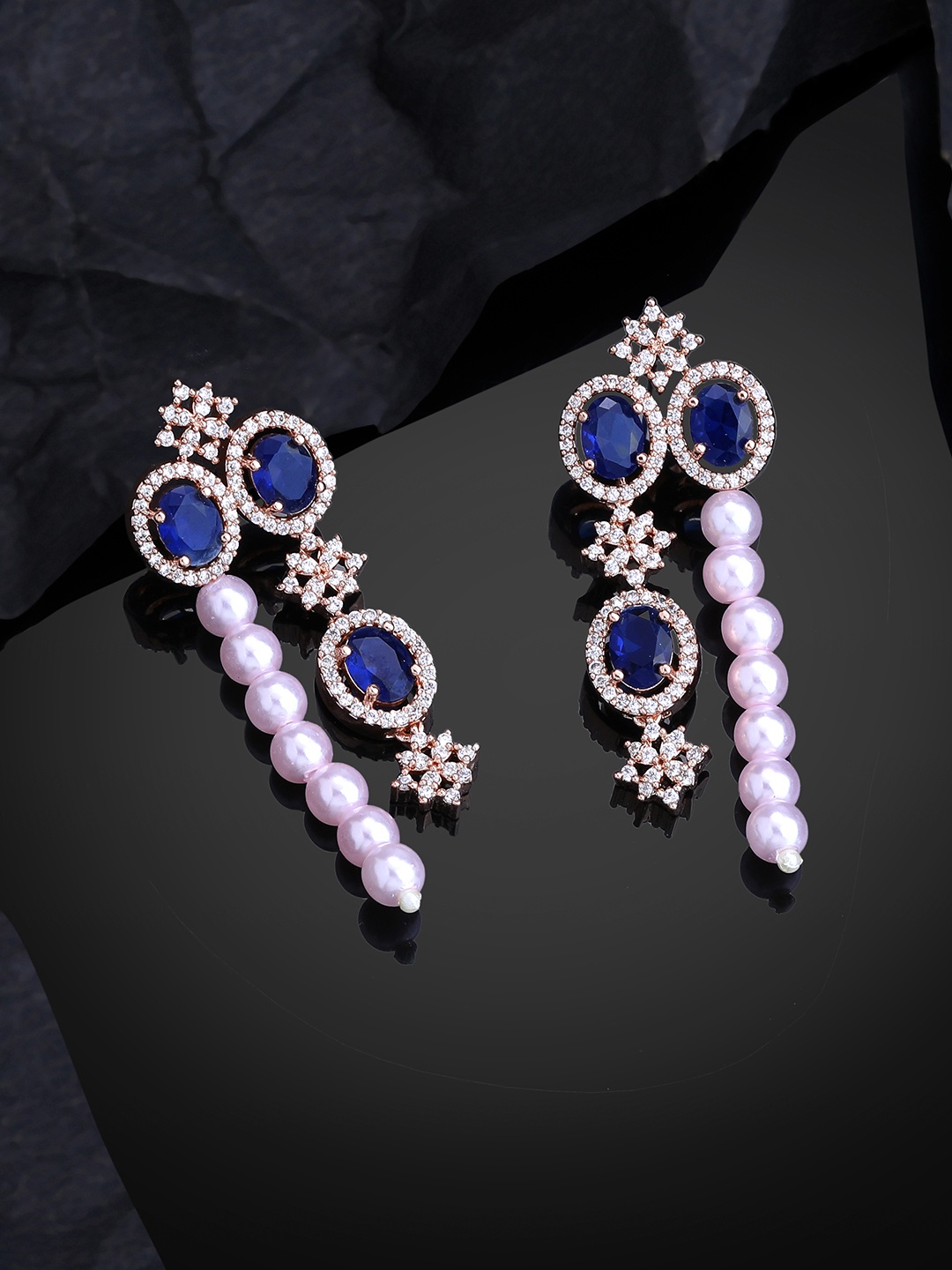 

Estele Rose Gold-Plated CZ-Studded Oval Drop Earrings, Blue