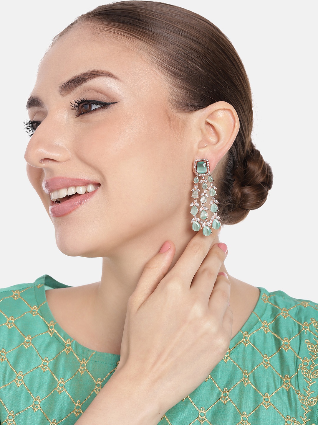 

Estele Rose Gold-Plated CZ-Studded Teardrop Shaped Drop Earrings, Sea green