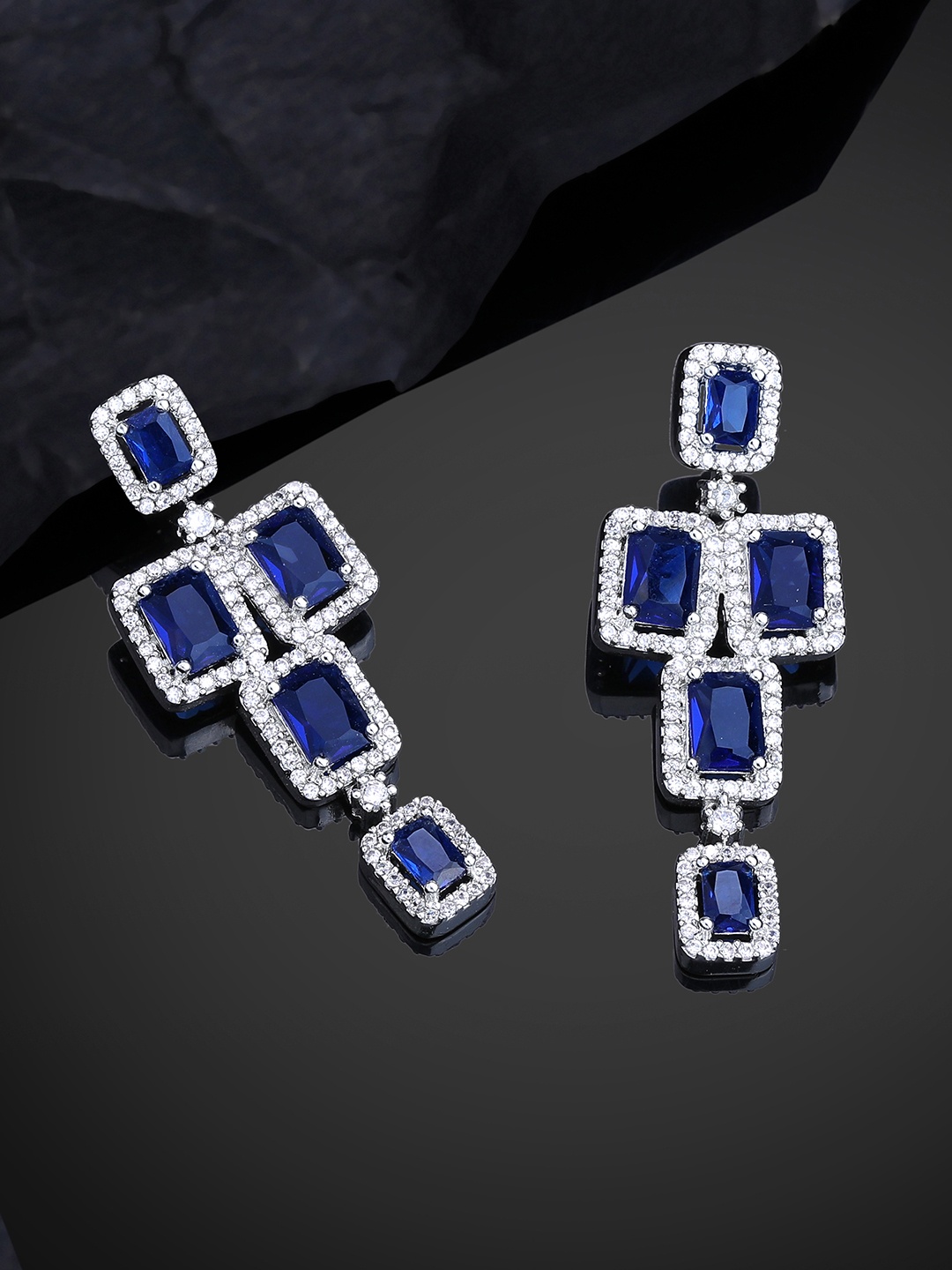 

Estele Rhodium-Plated CZ-Studded Square Drop Earrings, Blue