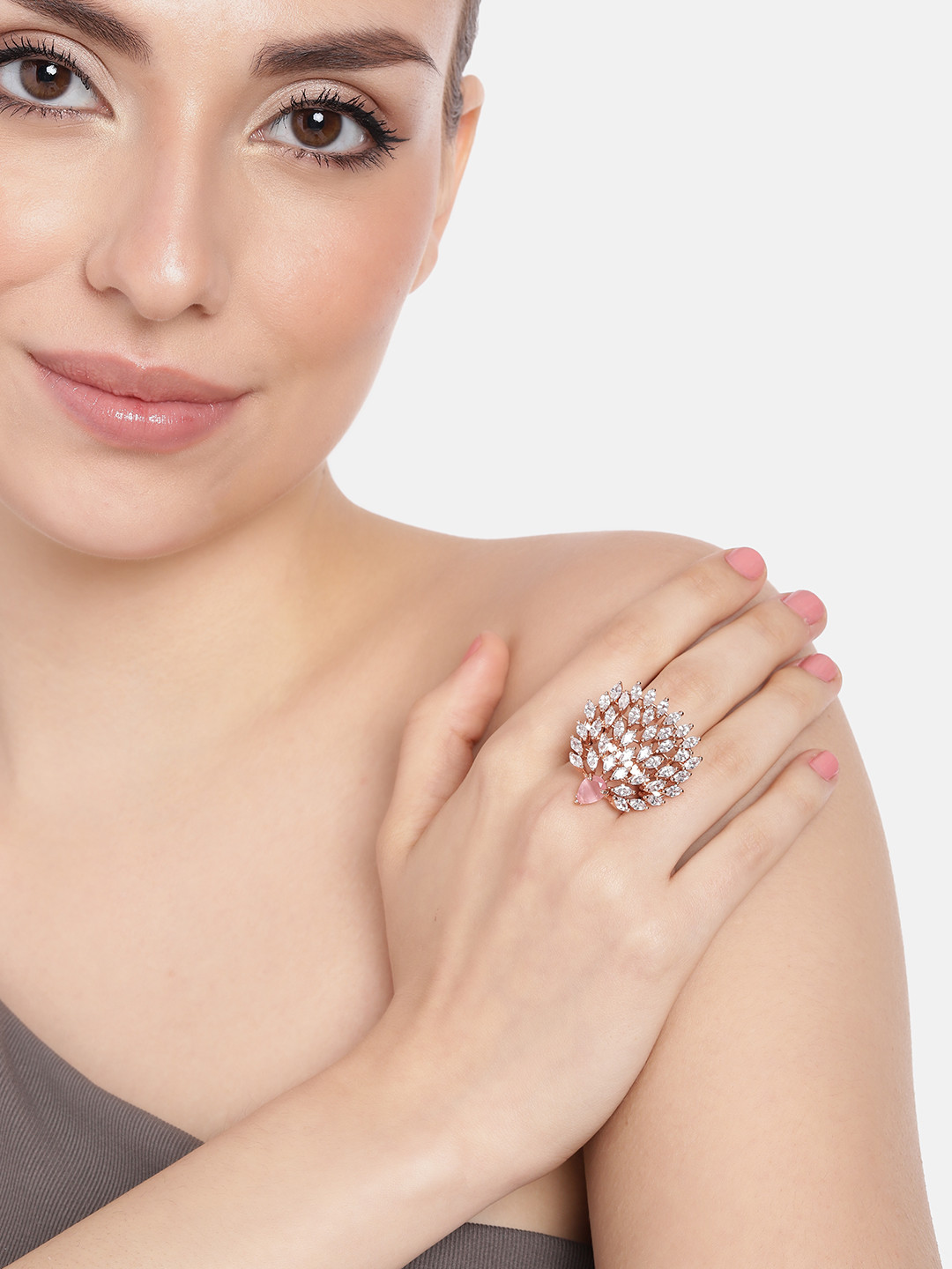 

Estele Women Rose Gold-Plated CZ-Studded Finger Ring