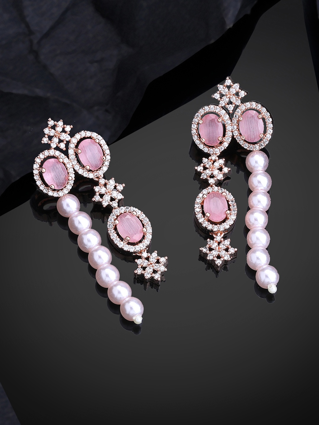 

Estele Rose Gold-Plated CZ-Studded Oval Drop Earrings, Pink