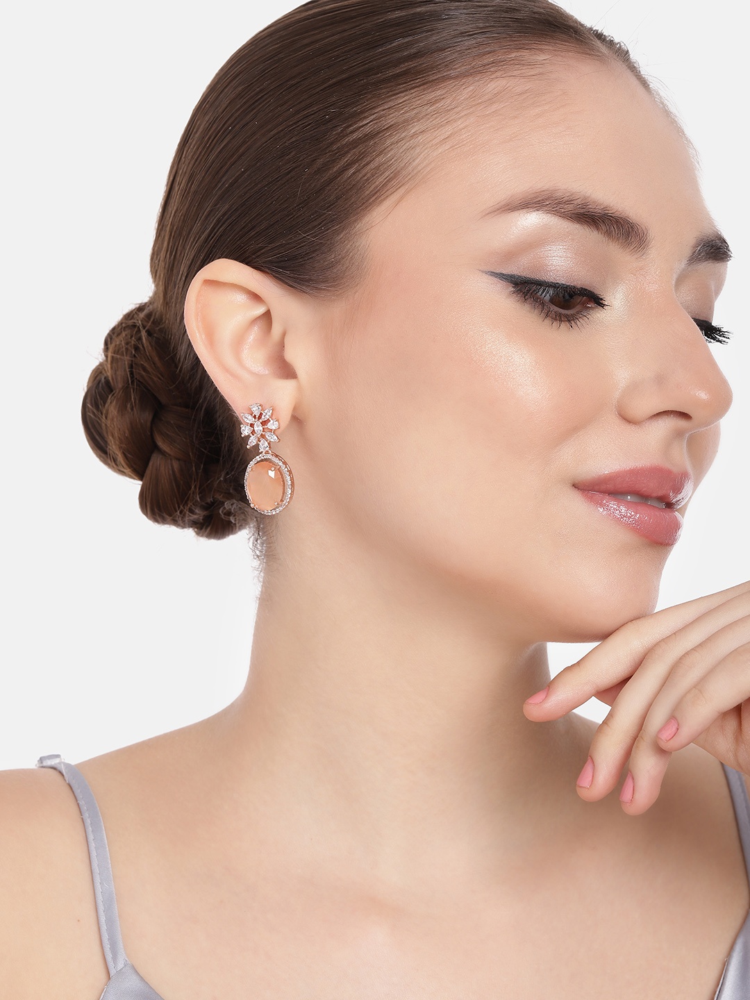 

Estele Rose Gold-Plated CZ-Studded Oval Drop Earrings, Orange