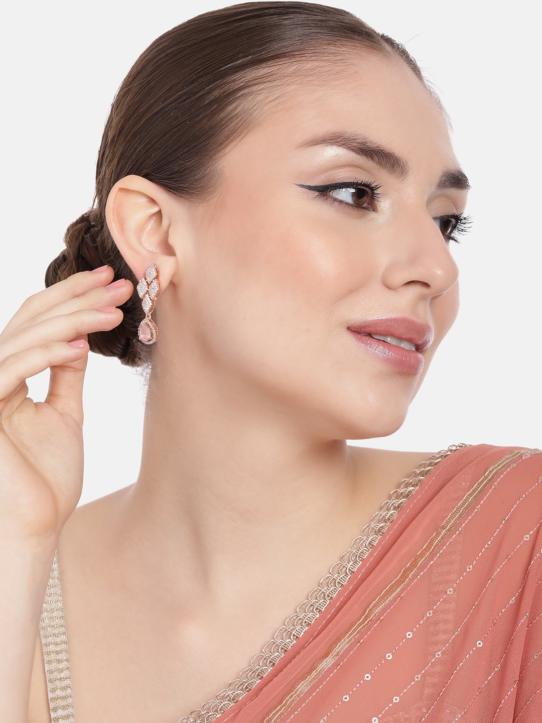 

Estele Rose Gold-Plated CZ-Studded Teardrop Shaped Drop Earrings, Pink