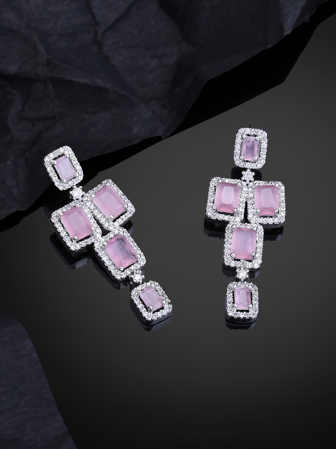 

Estele Rhodium-Plated CZ-Studded Square Drop Earrings, Pink