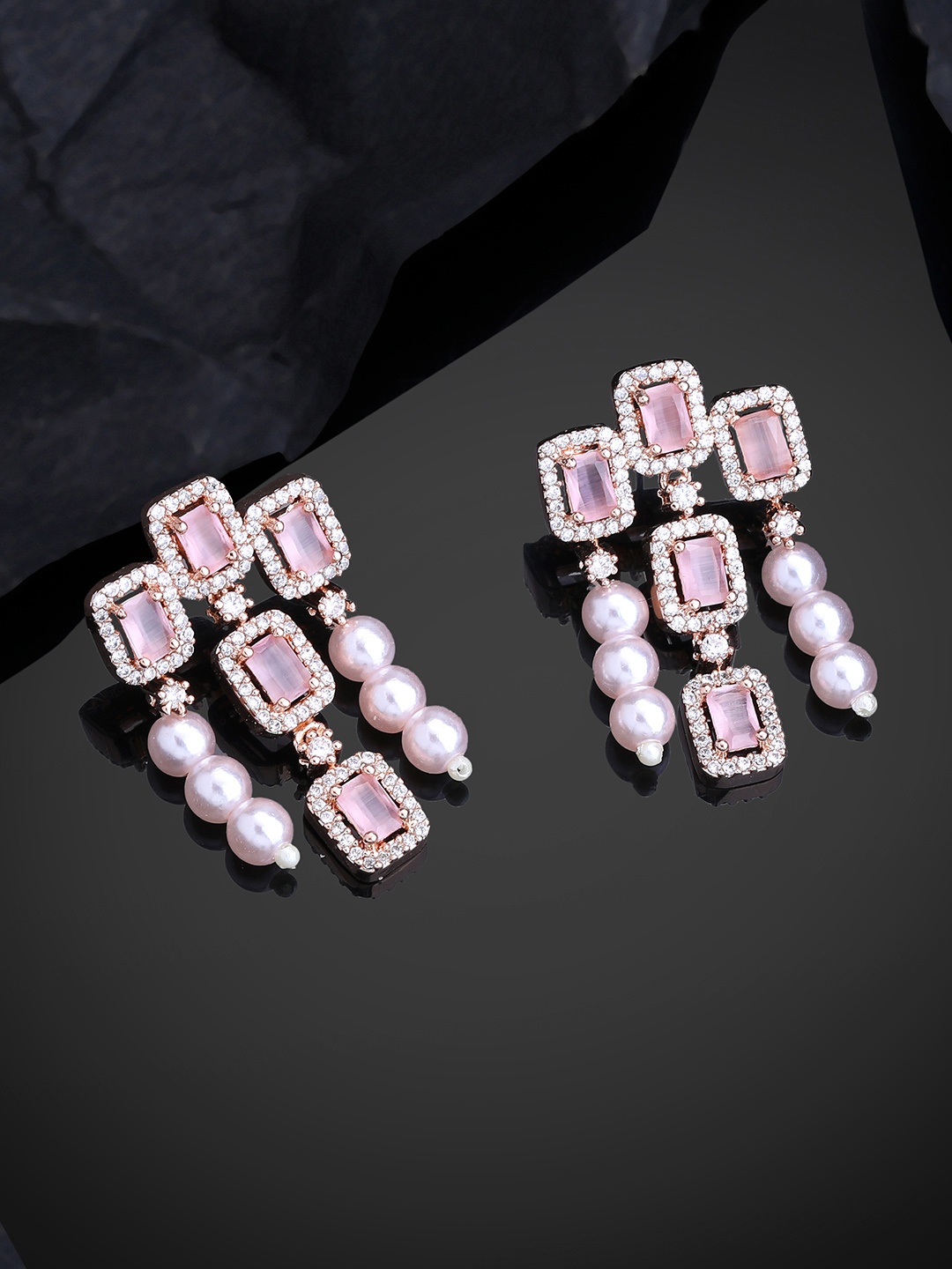 

Estele Rose Gold-Plated CZ-Studded Square Drop Earrings, Pink