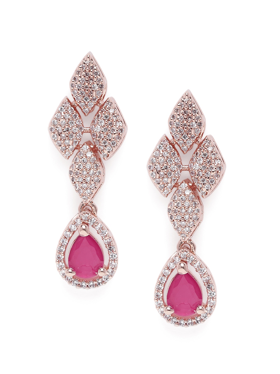 

Estele Rose Gold-Plated CZ-Studded Teardrop Shaped Drop Earrings, Pink