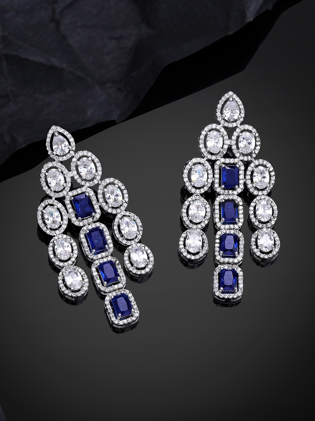 

Estele Rhodium-Plated CZ-Studded Teardrop Shaped Drop Earrings, Blue