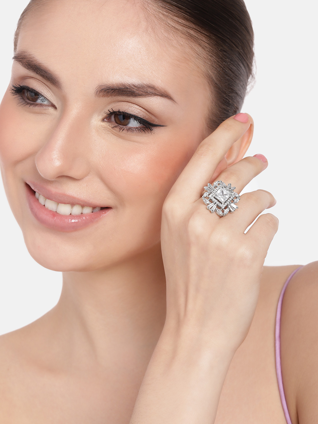 

Estele Women Rhodium-Plated CZ-Studded Adjustable Finger Ring, Silver