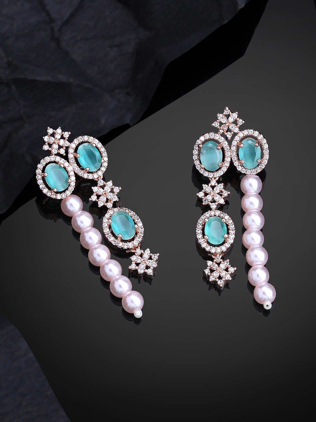 

Estele Rose Gold-Plated CZ-Studded Oval Drop Earrings, Sea green