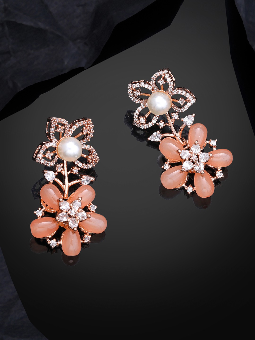 

Estele Rose Gold-Plated CZ-Studded Floral Drop Earrings, Orange