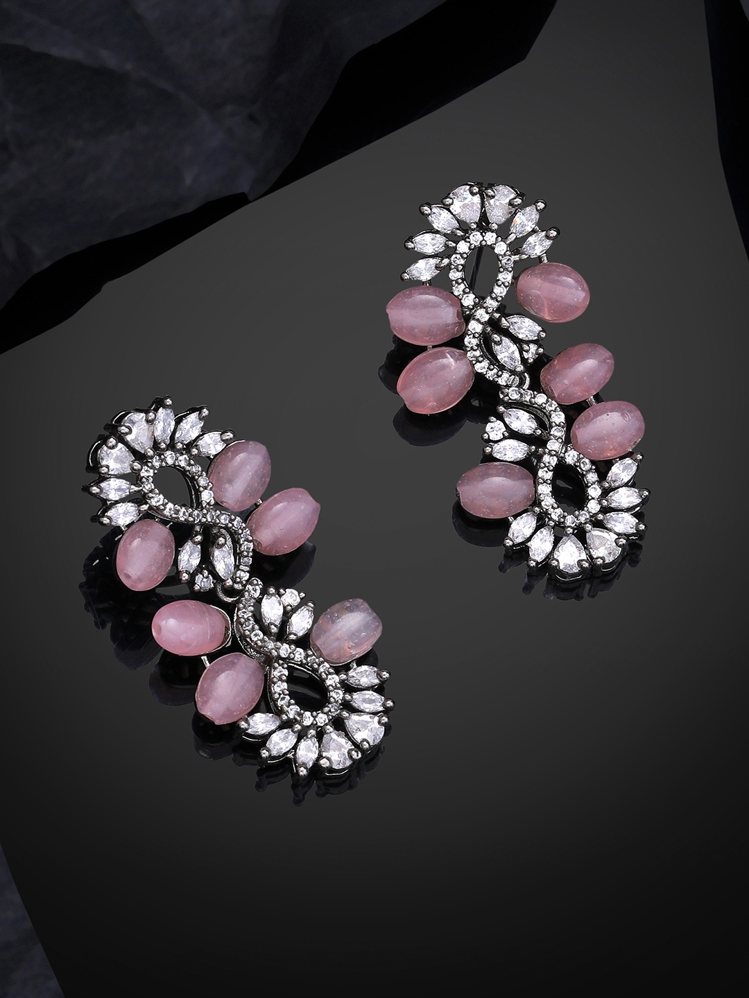 

Estele Rhodium-Plated CZ-Studded Contemporary Drop Earrings, Pink