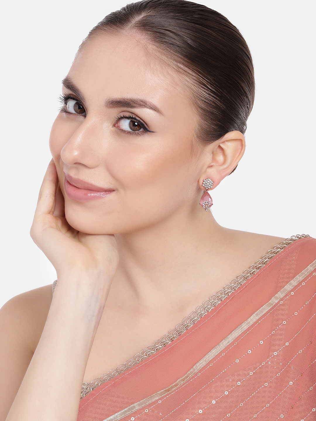 

Estele Rose Gold-Plated CZ-Studded Teardrop Shaped Drop Earrings, Pink